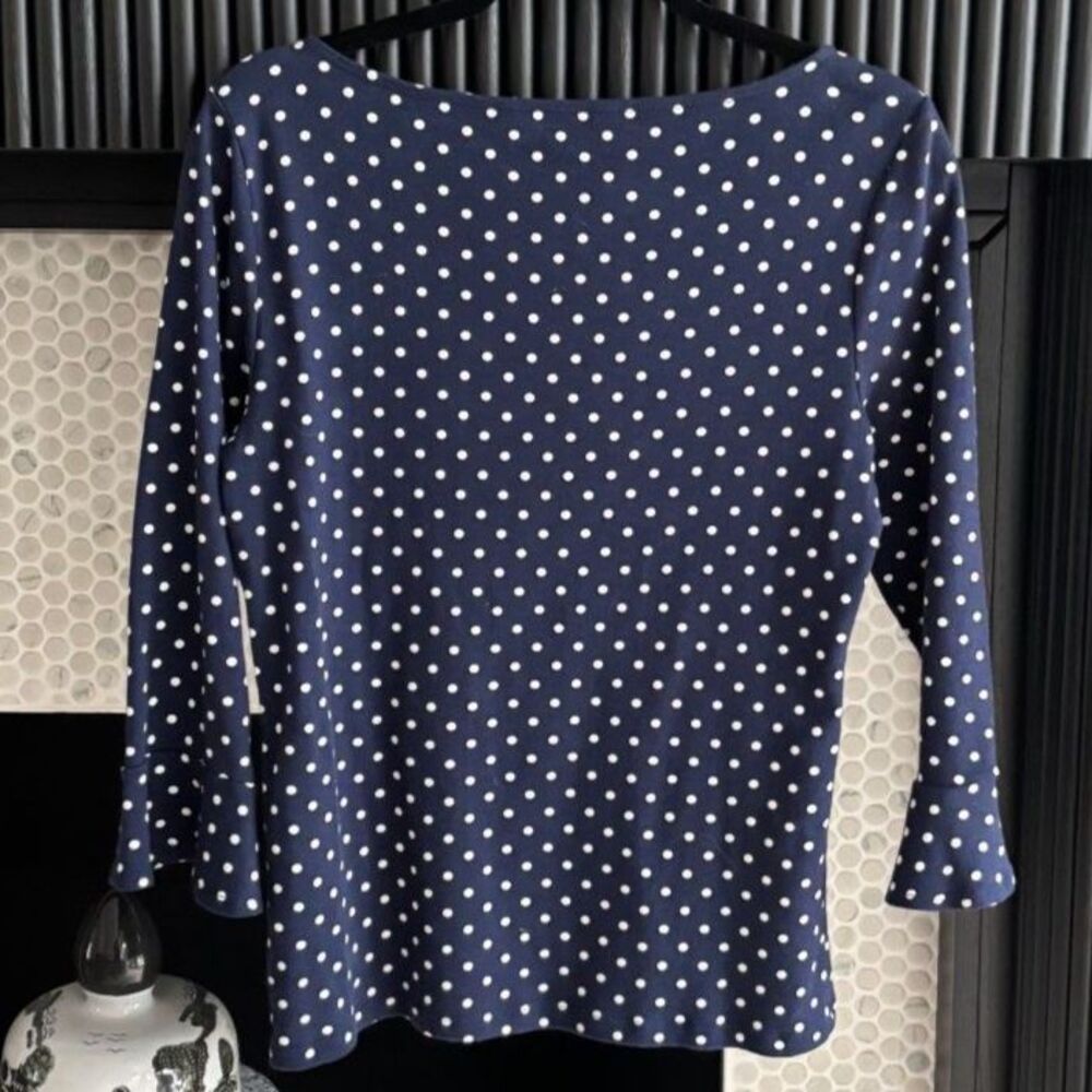 Lauren Ralph Lauren Polka Dot Knit Top Boatneck Ruffle 3/4 Sleeve Fall Navy L - Picture 4 of 5